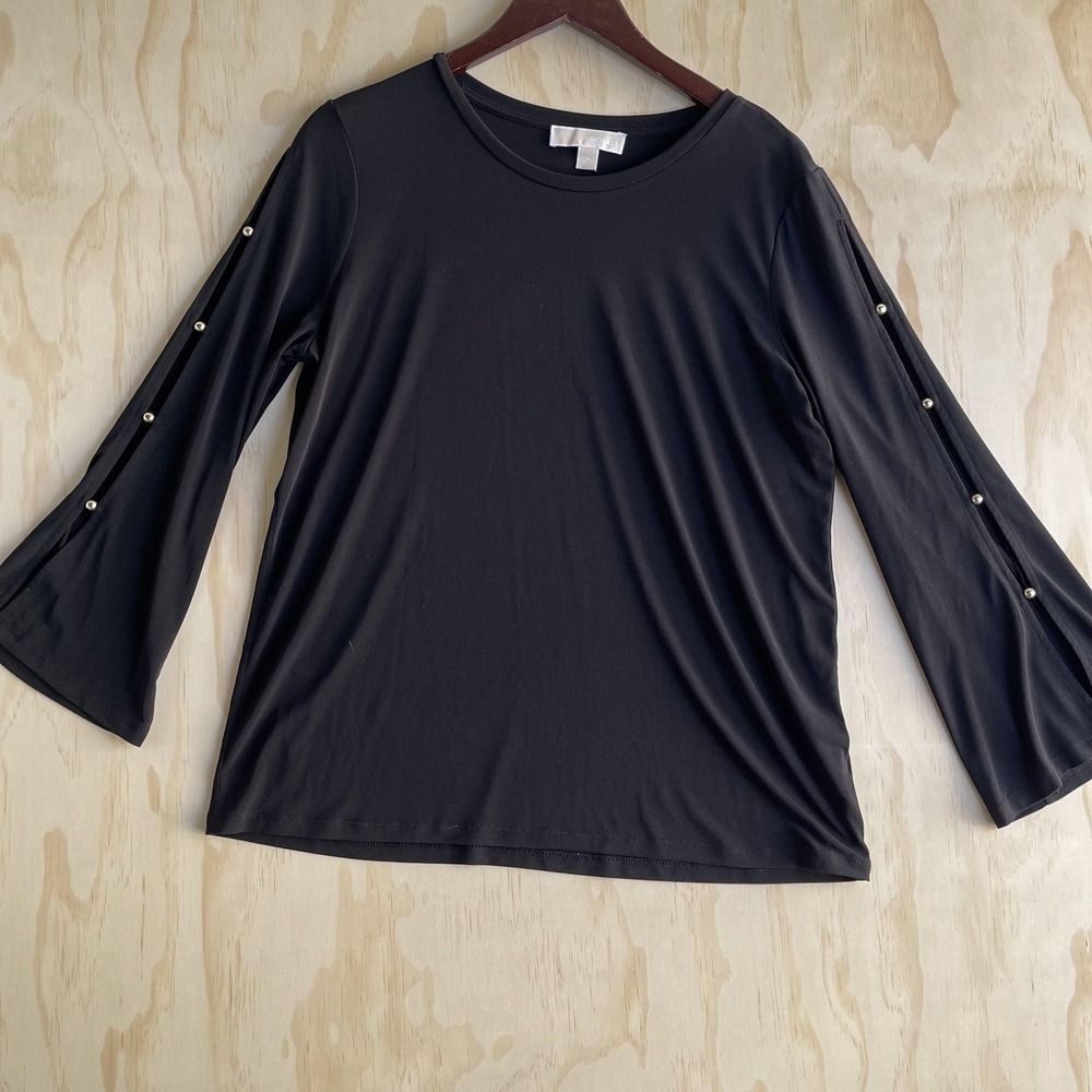 Michael Kors Blouse Womens Large Black‎ Slit Long Sleeve Button Stretch Top